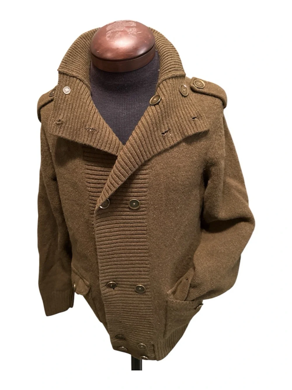 Men’s Lambswool Khaki Double‑Breasted Cardigan w/ Epaulettes – Tasso Elba M